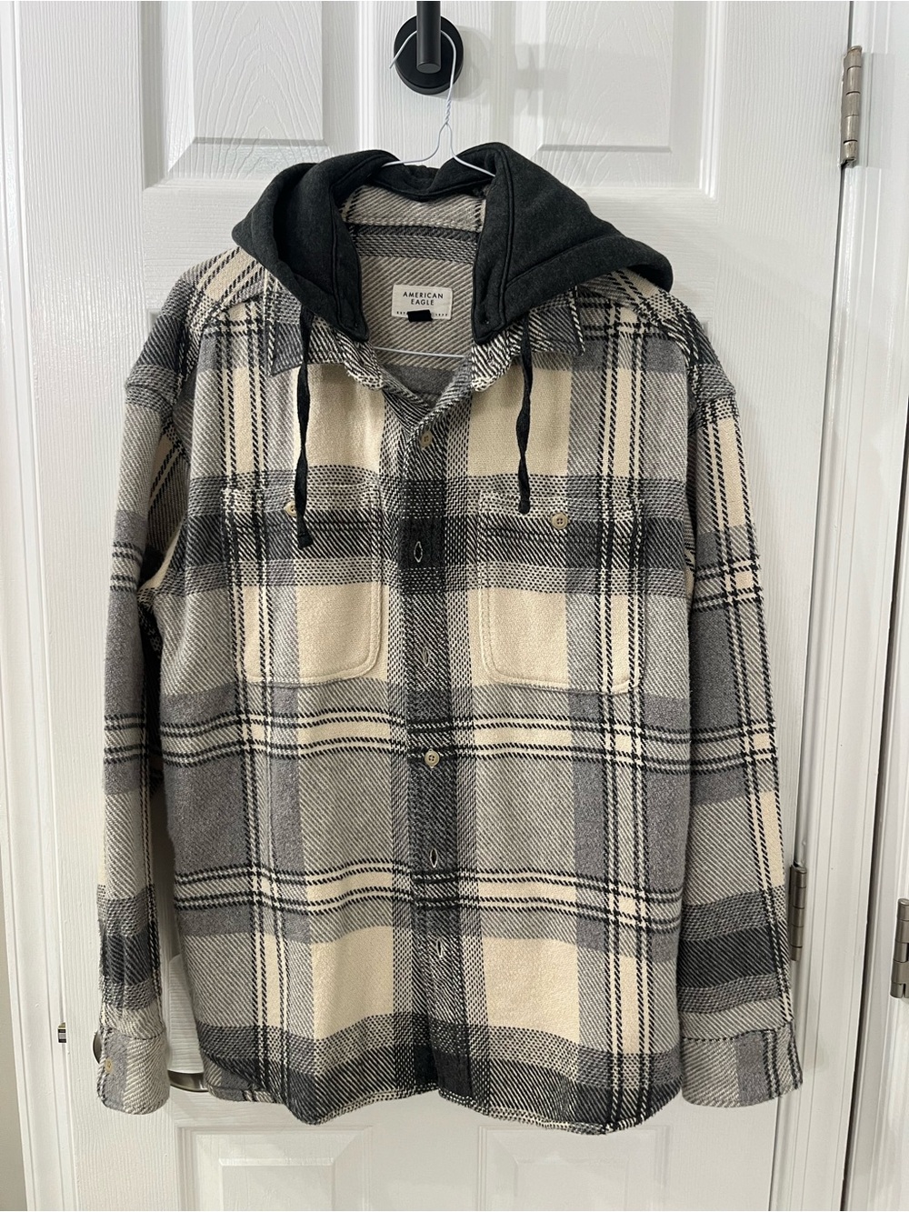 American Eagle Outfitters Black & Cream Plaid Hooded Shirt Jacket Men’s Large